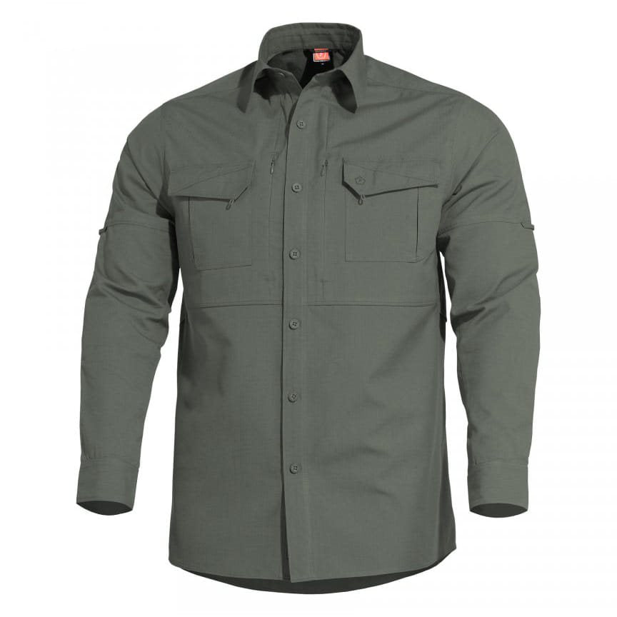 Camisa táctica PLATO Camo Green de PENTAGON TACTICAL, rip-stop con acabado Teflon DuPont, cierre de botones y 4 bolsillos