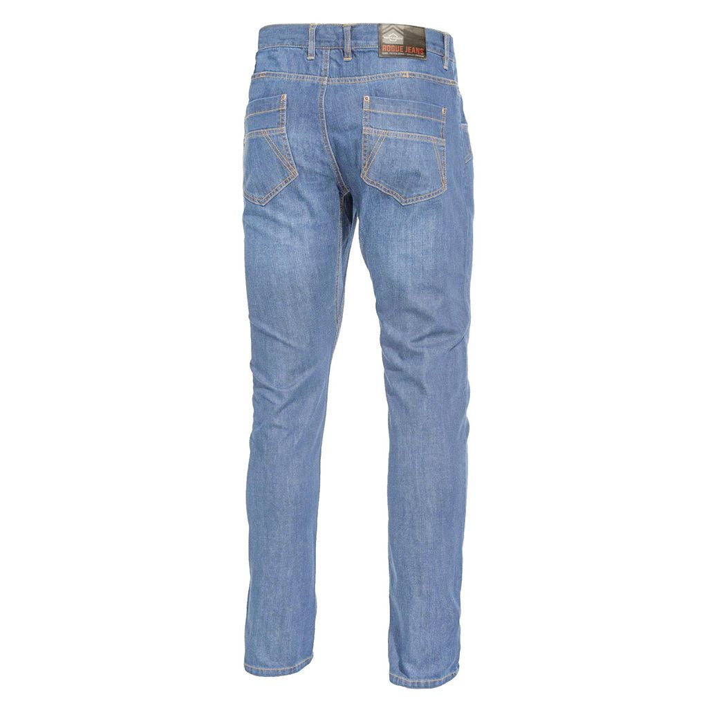 Pantalones tácticos ROGUE Jeans azul índigo claro con lavado stone wash y nueve bolsillos