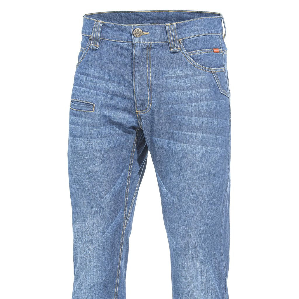 Pantalones tácticos ROGUE Jeans azul índigo claro con lavado stone wash y nueve bolsillos