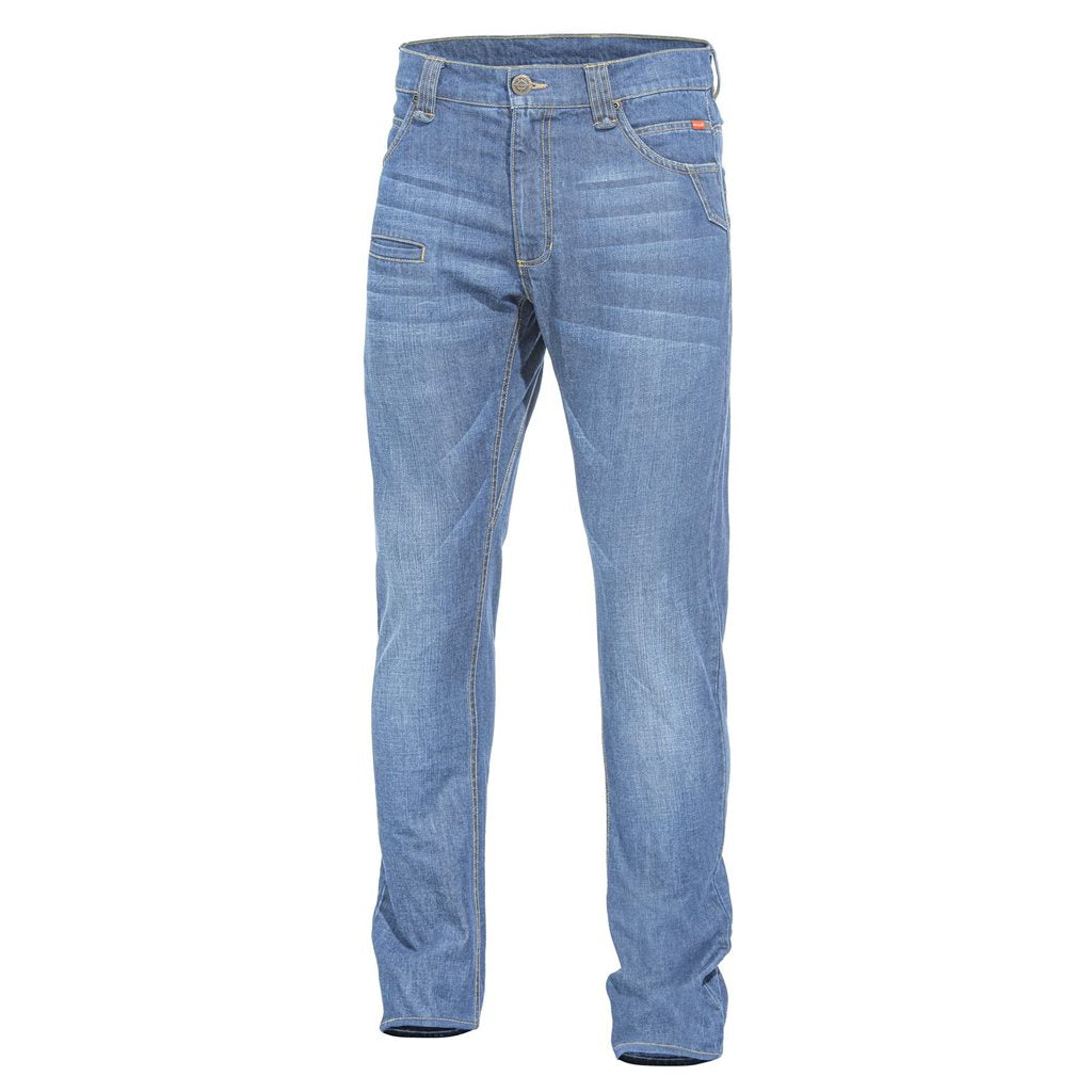 Pantalones tácticos ROGUE Jeans azul índigo claro con lavado stone wash y nueve bolsillos