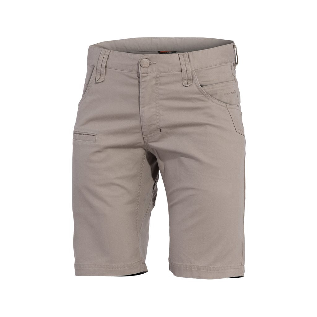 Bermudas ROGUE HERO KHAKI de PENTAGON, stone wash, 9 bolsillos y 6 trabillas para cinturones 45 mm
