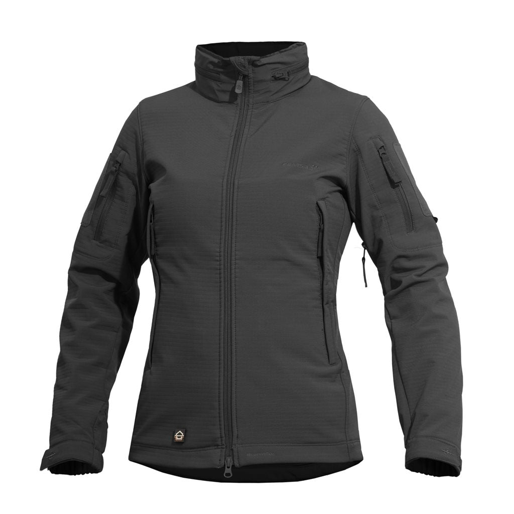 Chaqueta softshell ARTAXES mujer negra de PENTAGON TACTICAL con capucha oculta y paneles VELCRO