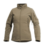 Chaqueta mujer ARTAXES softshell color coyote con capucha oculta y paneles VELCRO
