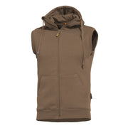 Chaleco THESPIS con capucha color coyote, cierre central YKK y dos bolsillos
