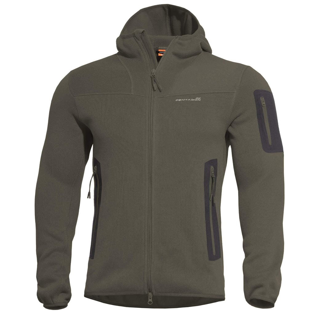 Chaqueta polar PENTAGON FALCON PRO con capucha, cremallera y tres bolsillos; forro Polartec® y acabado resistente