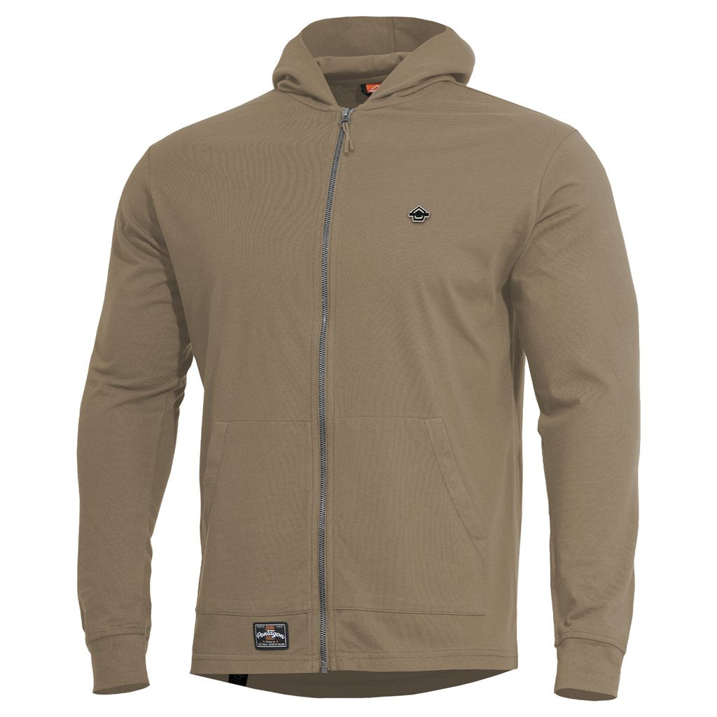 Sudadera con capucha AGIS color coyote de algodón con cierre YKK y bolsillos