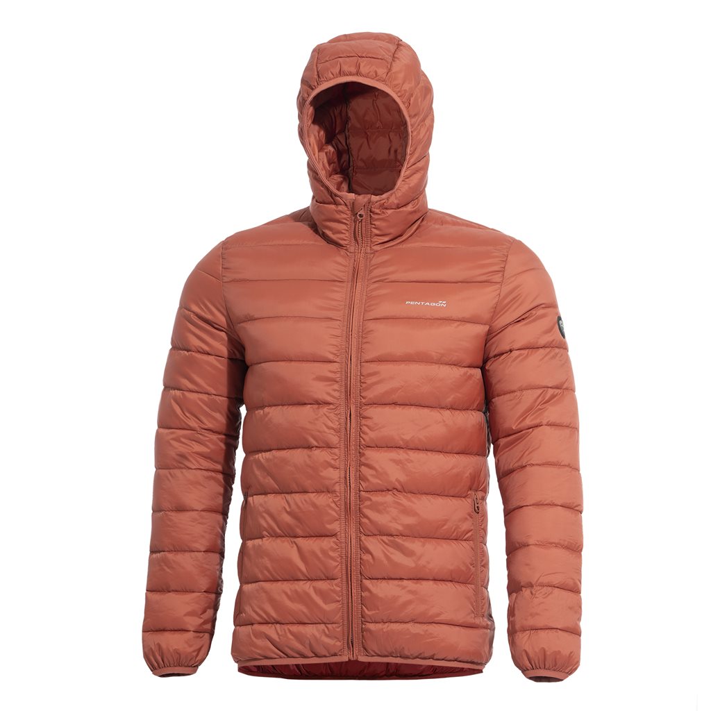 Chaqueta AURORA Maroon Red acolchada con capucha profunda y cremallera central (vista frontal)