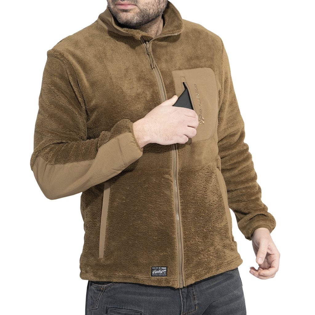 Sudadera GRIZZLY Full-Zip Coyote en forro polar de poliéster, cálida con refuerzos de nylon en antebrazos y codos