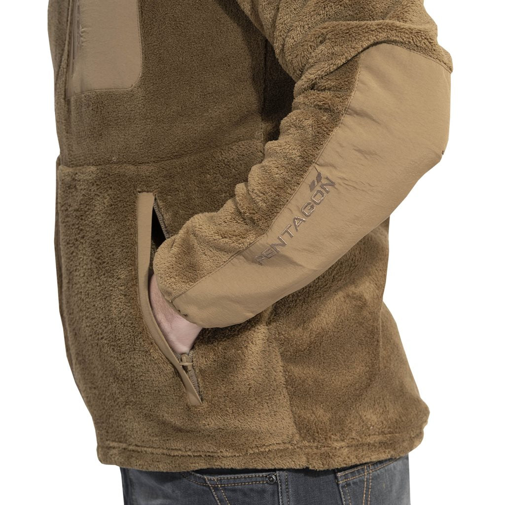 Sudadera GRIZZLY Full-Zip Coyote en forro polar de poliéster, cálida con refuerzos de nylon en antebrazos y codos