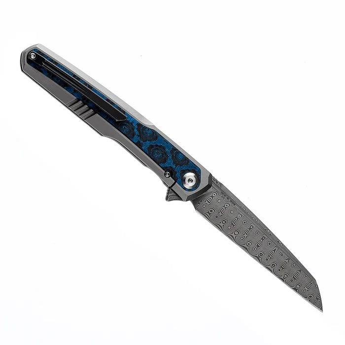 Navaja ARCUS plegable con hoja de damasco y diseño geométrico por Ostap Hel