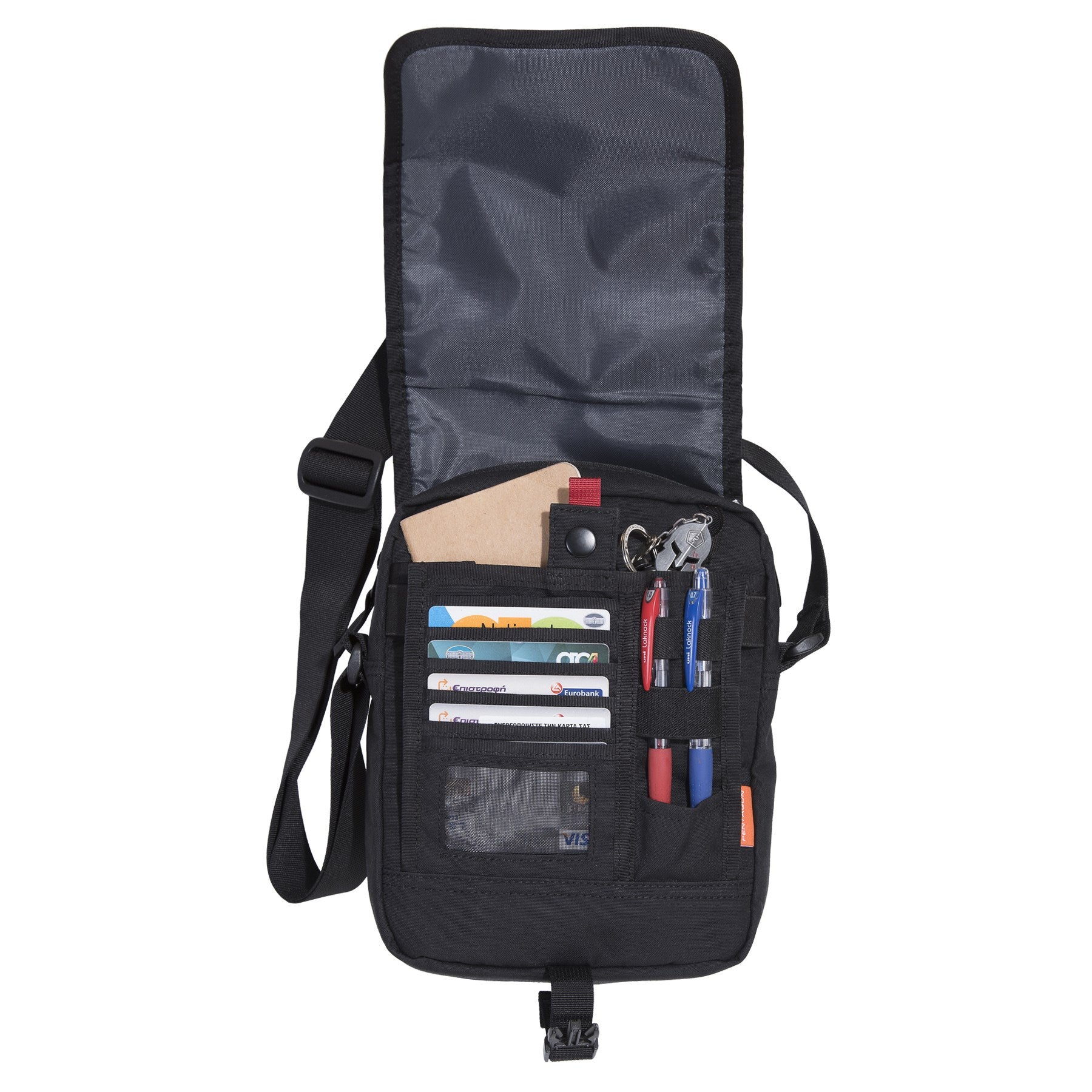 Bolsa messenger táctica PENTAGON negra en poliéster 640D con compartimento acolchado y organizador