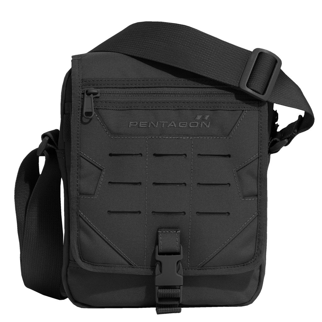 Bolsa messenger táctica PENTAGON negra en poliéster 640D con compartimento acolchado y organizador