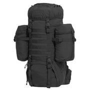 Mochila DEOS 65 L negra con bolsillos laterales desmontables y sistema MOLLE/PALS