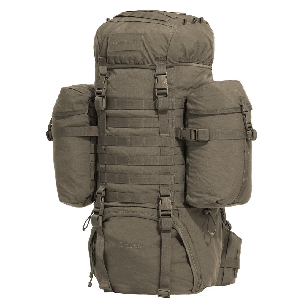 Mochila DEOS 65 L negra con bolsillos laterales desmontables y sistema MOLLE/PALS