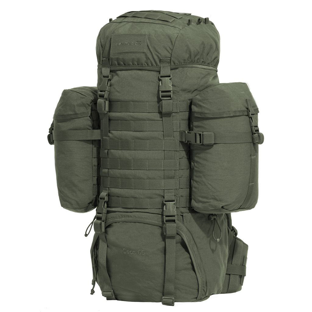 Mochila DEOS 65 L negra con bolsillos laterales desmontables y sistema MOLLE/PALS
