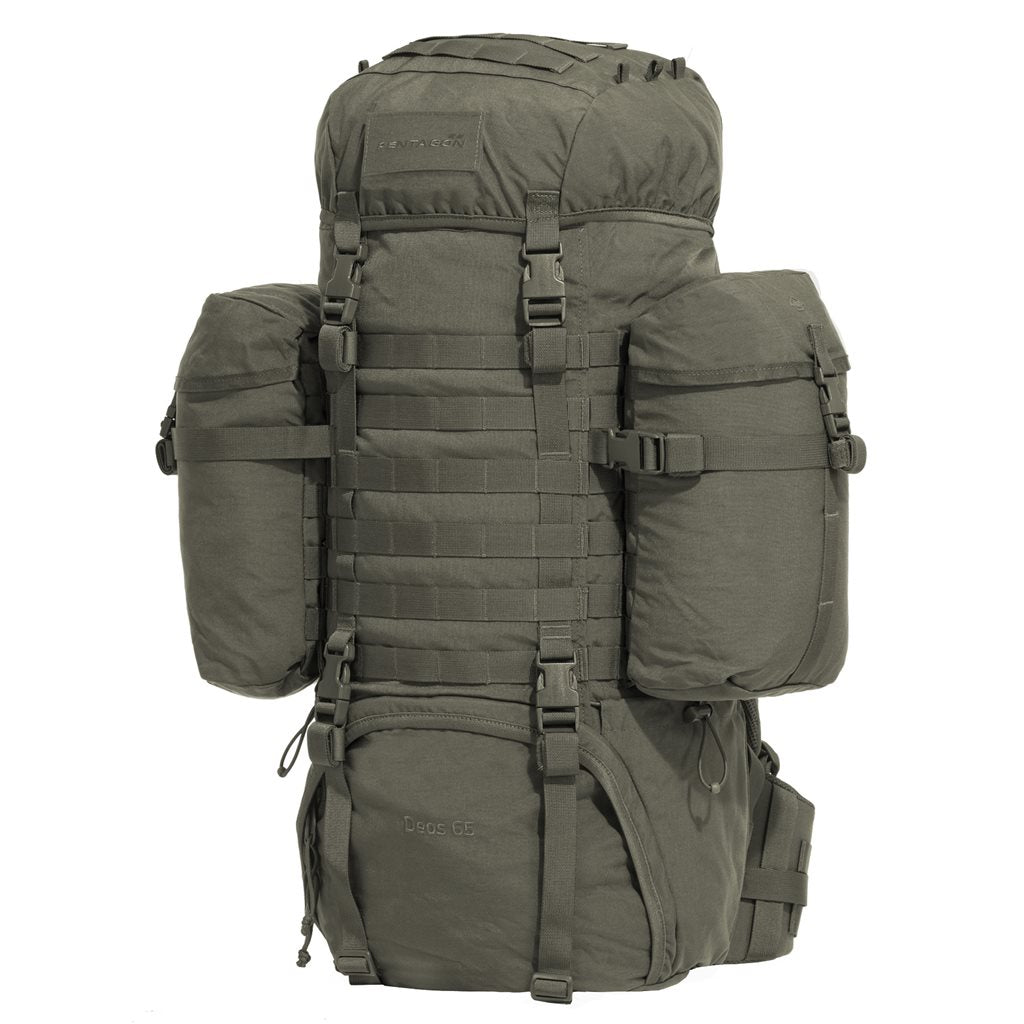 Mochila DEOS 65 L negra con bolsillos laterales desmontables y sistema MOLLE/PALS