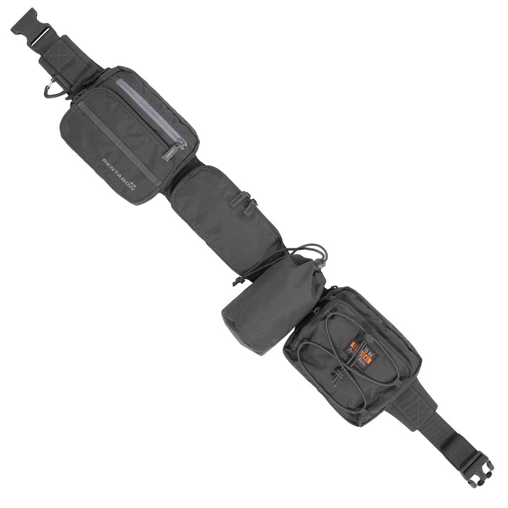 Cinturón ALISSOS negro con funda frontal y trasera, porta-botella desmontable y funda para gafas