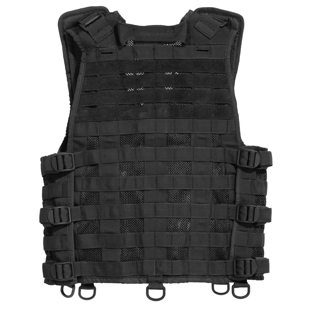 Imagen del chaleco táctico THORAX 2.0 negro mostrando el panel frontal y el sistema MOLLE/PALS