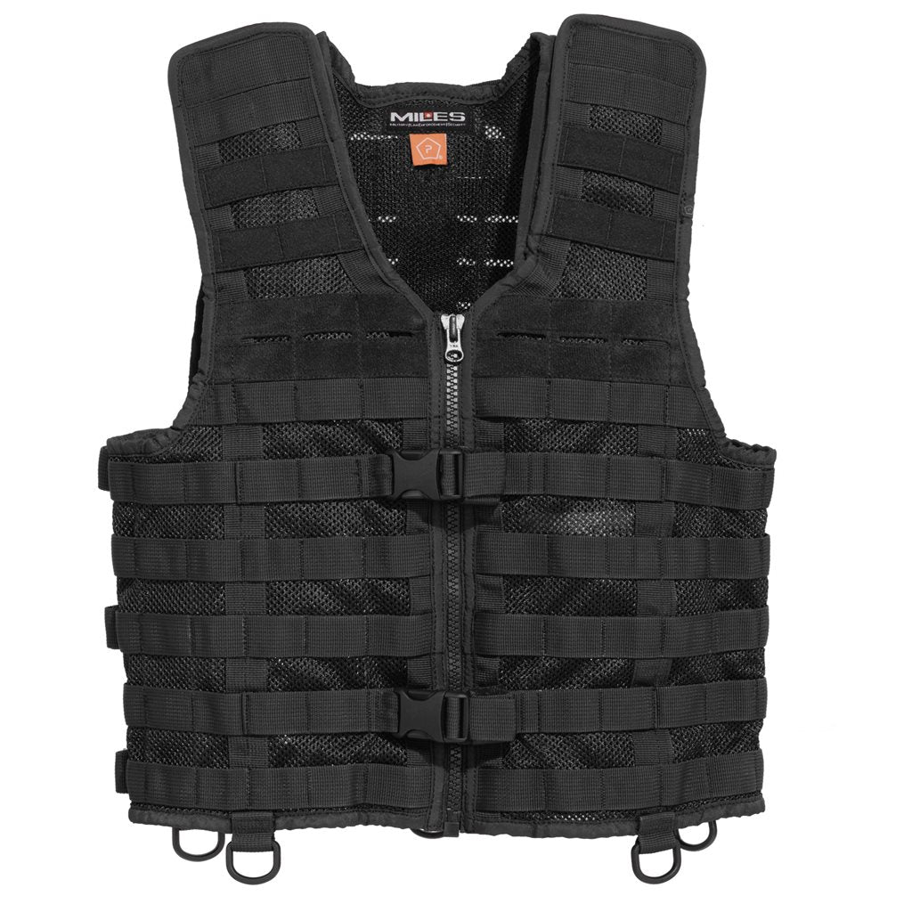 Imagen del chaleco táctico THORAX 2.0 negro mostrando el panel frontal y el sistema MOLLE/PALS