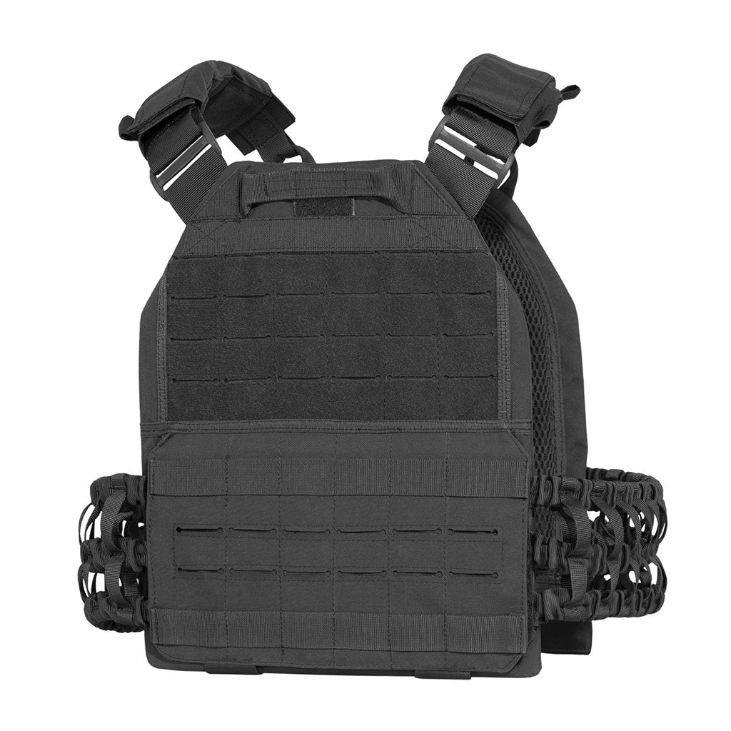 Portaplacas ASPIS negro en Cordura, vista frontal del chaleco con anclajes PALS/MOLLE