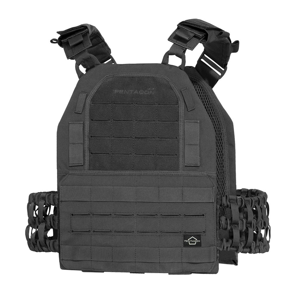 Portaplacas ASPIS negro en Cordura, vista frontal del chaleco con anclajes PALS/MOLLE