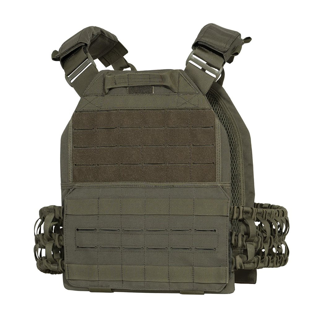 Portaplacas ASPIS negro en Cordura, vista frontal del chaleco con anclajes PALS/MOLLE