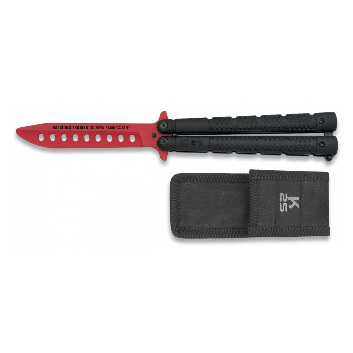 Cuchillo mariposa de entrenamiento K25 rojo con mango de aluminio y funda de nylon