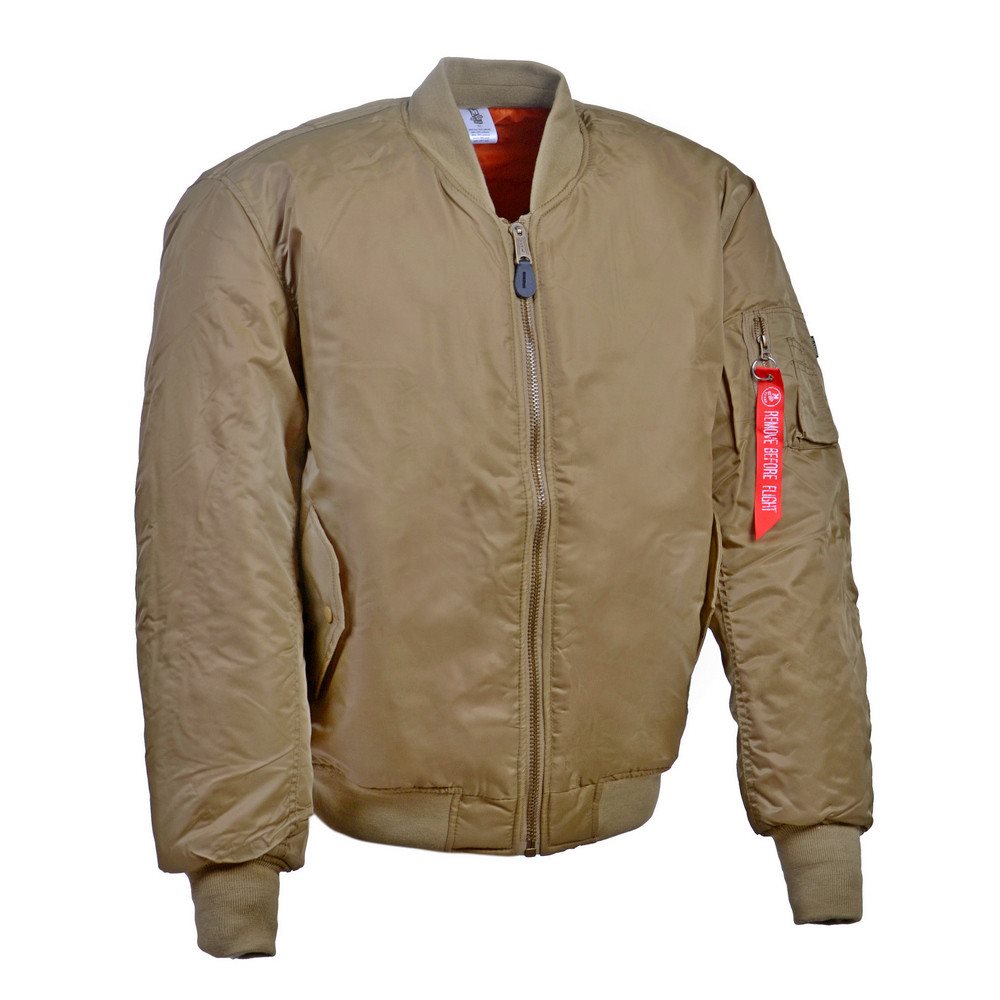 Chaqueta bomber MA1 Coyote con forro naranja, bolsillos inclinados y bolsillo en bíceps con cinta Remove before flight