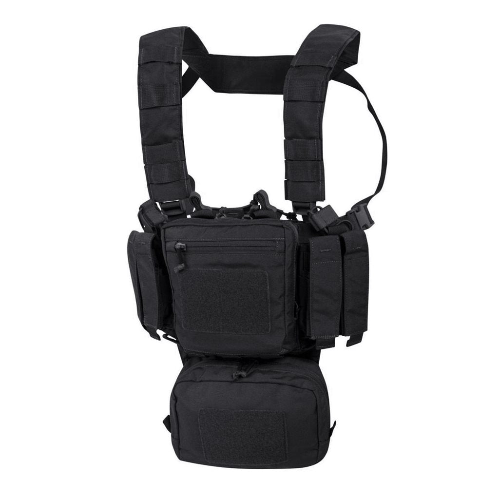 Chaleco táctico MINI RIG® en vista frontal con fundas, bolsillos y sistema PALS/MOLLE