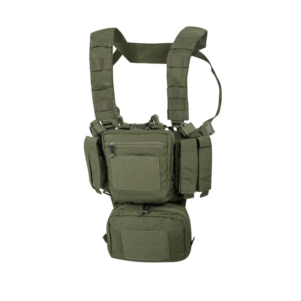 Chaleco táctico MINI RIG® en vista frontal con fundas, bolsillos y sistema PALS/MOLLE