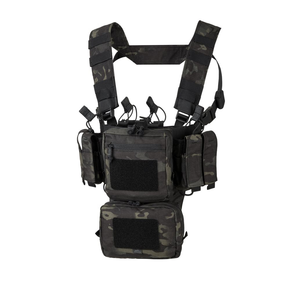 Chaleco táctico MINI RIG® en vista frontal con fundas, bolsillos y sistema PALS/MOLLE
