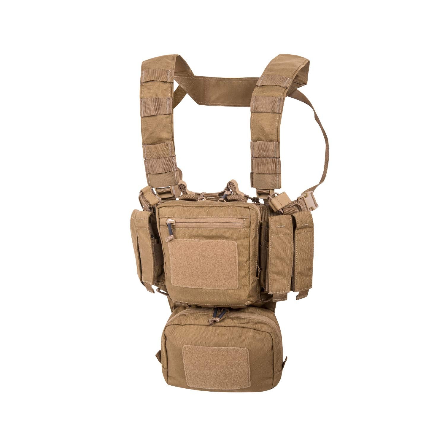 Chaleco táctico MINI RIG® en vista frontal con fundas, bolsillos y sistema PALS/MOLLE