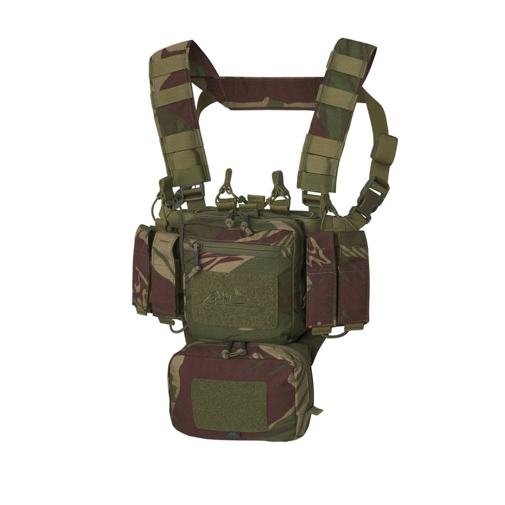 Chaleco táctico MINI RIG® en vista frontal con fundas, bolsillos y sistema PALS/MOLLE