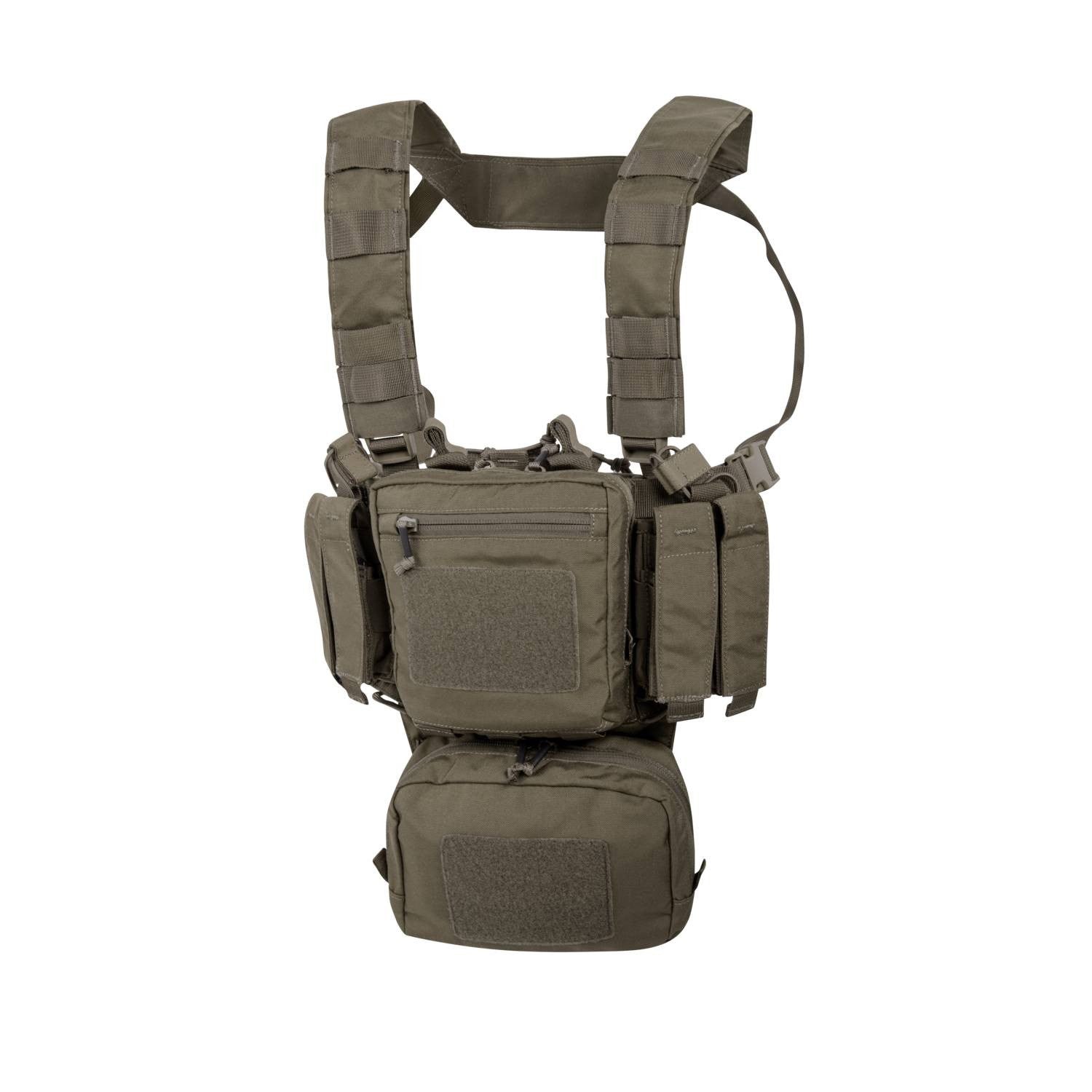 Chaleco táctico MINI RIG® en vista frontal con fundas, bolsillos y sistema PALS/MOLLE