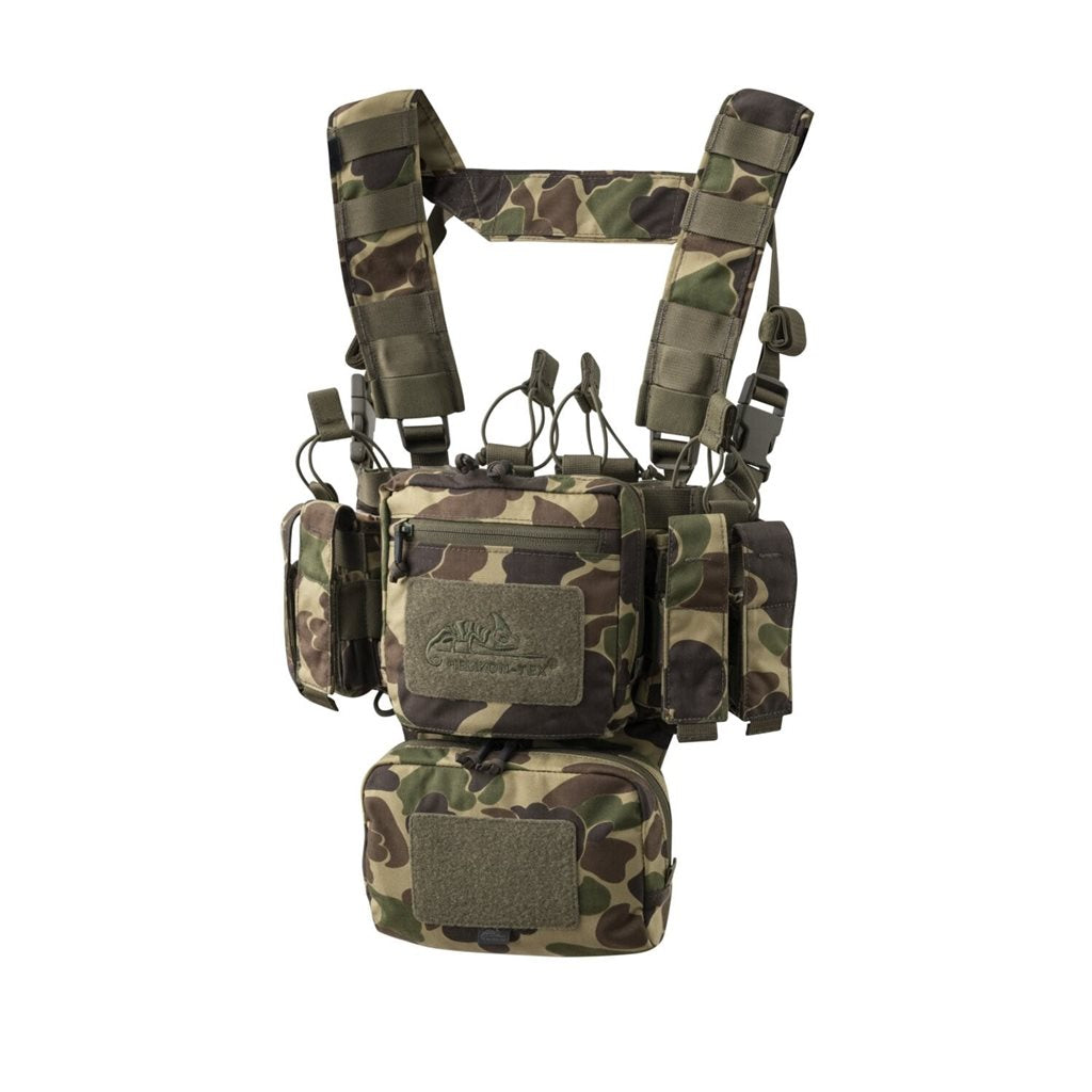 Chaleco táctico MINI RIG® en vista frontal con fundas, bolsillos y sistema PALS/MOLLE