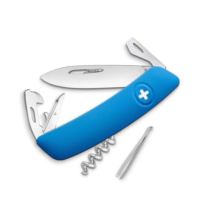 Navaja plegable SWIZA D03 azul, fabricada en Delémont, diseño ergonómico y múltiples funciones