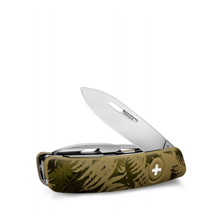 Navaja de bolsillo SWIZA D04 verde con motivos de hojas, fabricada en Delémont (Suiza)