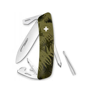 Navaja de bolsillo SWIZA D04 verde con motivos de hojas, fabricada en Delémont (Suiza)