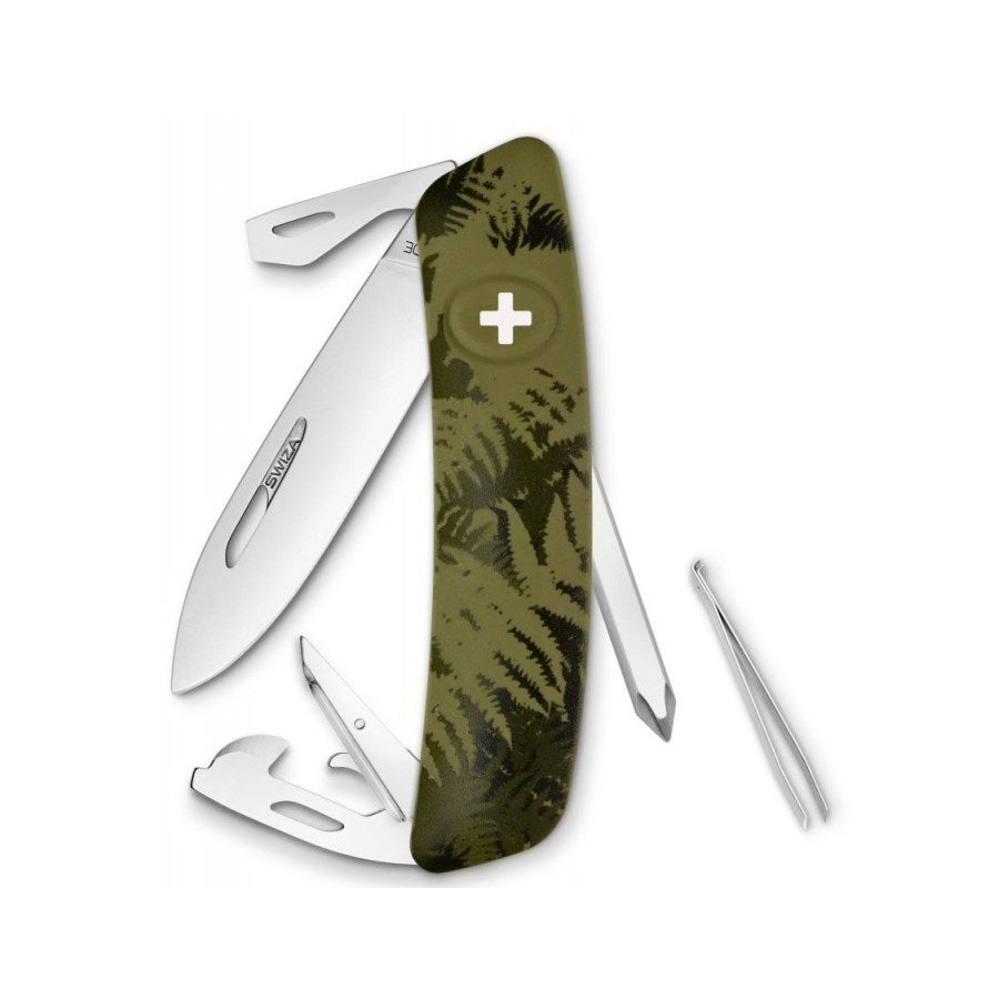 Navaja de bolsillo SWIZA D04 verde con motivos de hojas, fabricada en Delémont (Suiza)