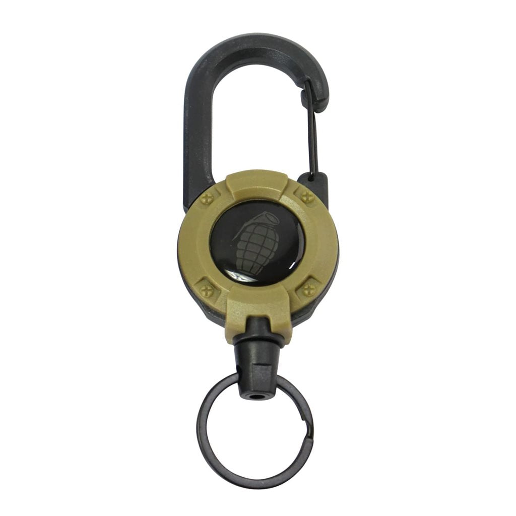 Llavero Heavy Duty con carrete retráctil, cuerda metálica y mosquetón color coyote