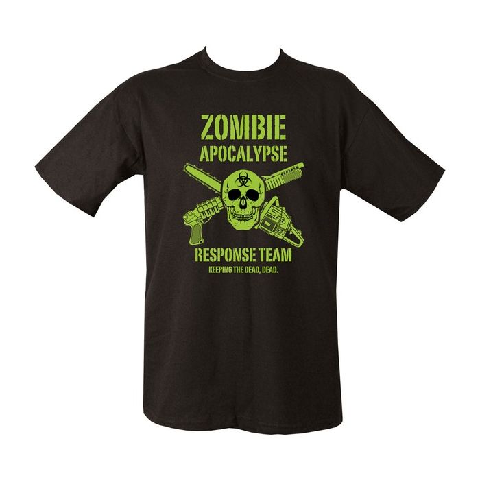 Camiseta negra Zombie Apokalypse con estampado de calavera, motosierra y pistola