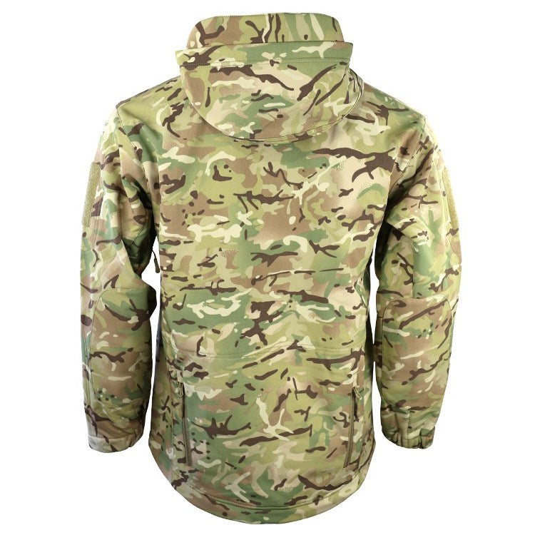 Chaqueta softshell Tactical Patriot camuflaje, vista frontal con capucha y bolsillos con cremallera