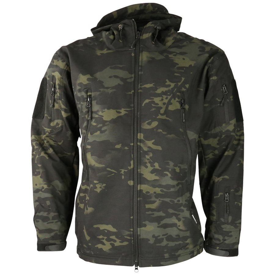 Chaqueta softshell Tactical Patriot camuflaje, vista frontal con capucha y bolsillos con cremallera
