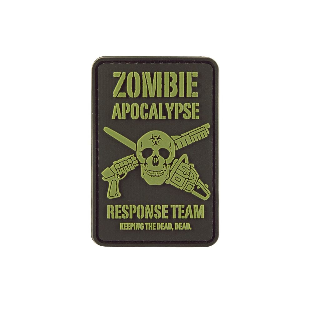 Parche PVC con velcro 'Zombie Apocalypse' con pistola, motosierra y calavera, 50x73 mm