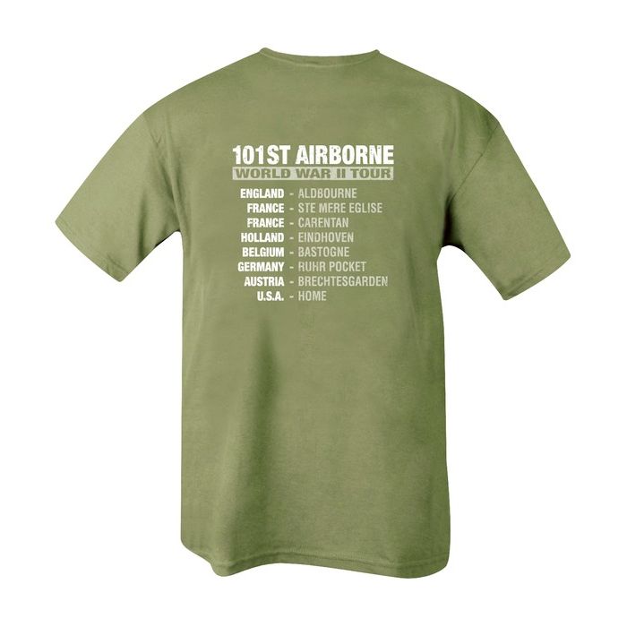 Camiseta verde AIRBORNE TOUR con emblema 101.ª División y mapa de rutas WWII en la espalda