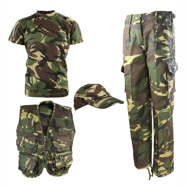 Conjunto infantil EXPLORER DPM en camuflaje británico: chaleco, pantalón, camiseta y gorra con visera