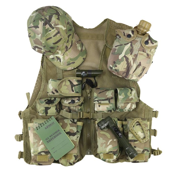 Set JUNIOR con chaleco tactico infantil y accesorios: gorra, linternas, libreta impermeable, botella y mosqueton