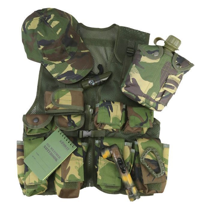 Set JUNIOR con chaleco tactico infantil y accesorios: gorra, linternas, libreta impermeable, botella y mosqueton