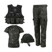 Conjunto táctico infantil ARMY COMBO en camuflaje BTP: pantalones, chaleco, camiseta y casco