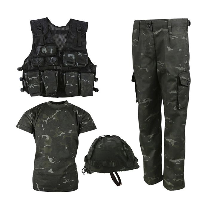 Conjunto táctico infantil ARMY COMBO en camuflaje BTP: pantalones, chaleco, camiseta y casco